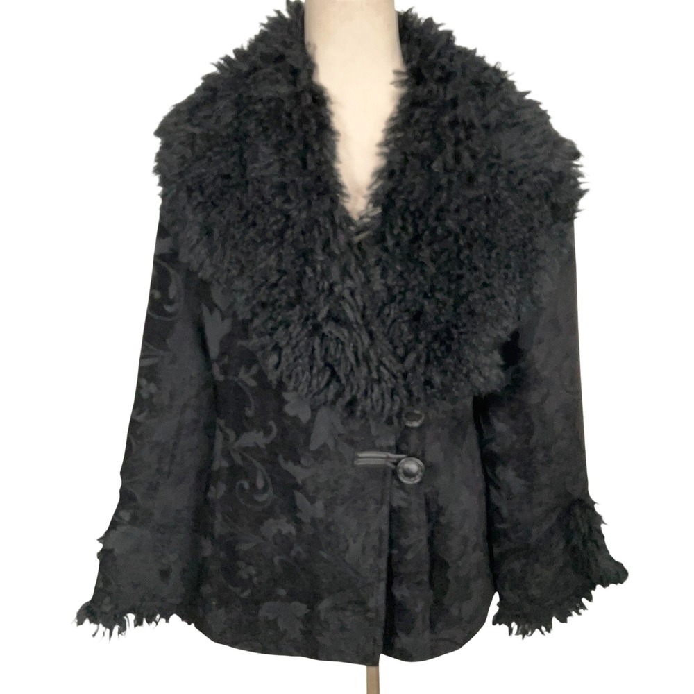 Novelti Penny Lane Jacket Women 11/12 Black Floral Faux Mongolian Fur Goth